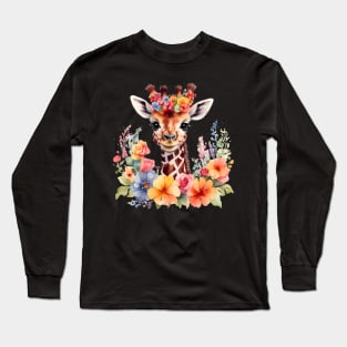 A baby giraffe decorated with beautiful watercolor flowers Long Sleeve T-Shirt